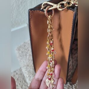 Handmade Gold Chain Bag Charm with Floral Beads & Leaf/Rose Charms